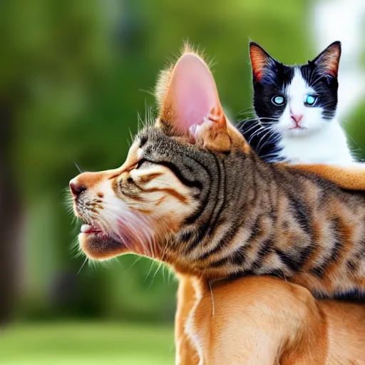 Prompt: a cat riding on a dog's back, hd photograph.