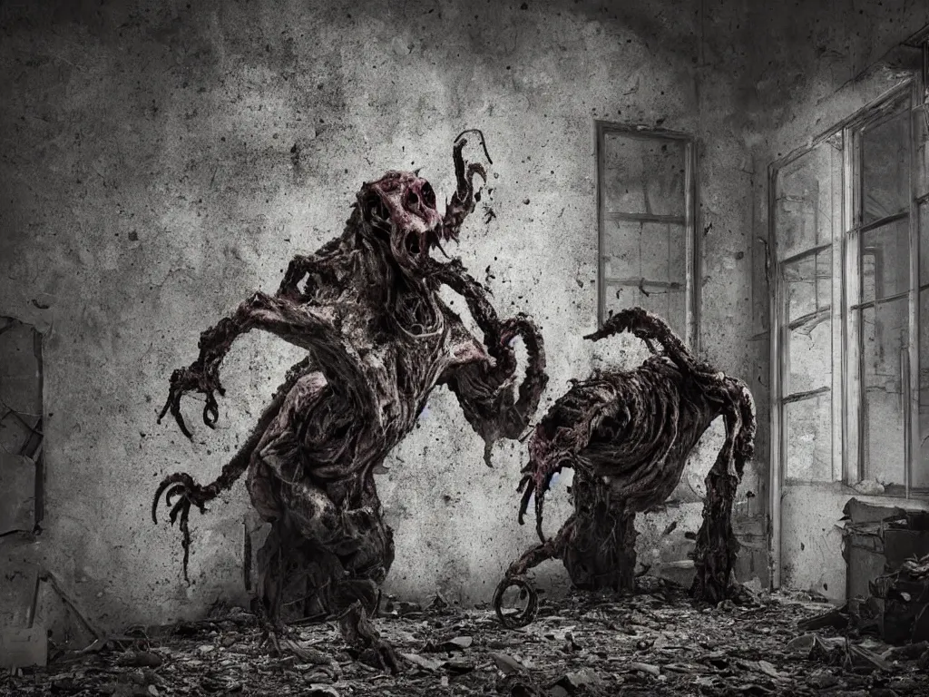 Image similar to mutant hunchback creature lurking in the corner of a room in an abandoned building, color photograph, realistic, dirty windows, debris, tentacle beast, dust, bleak apocalyptic style, creepypasta, ominous vibe, sharp fangs