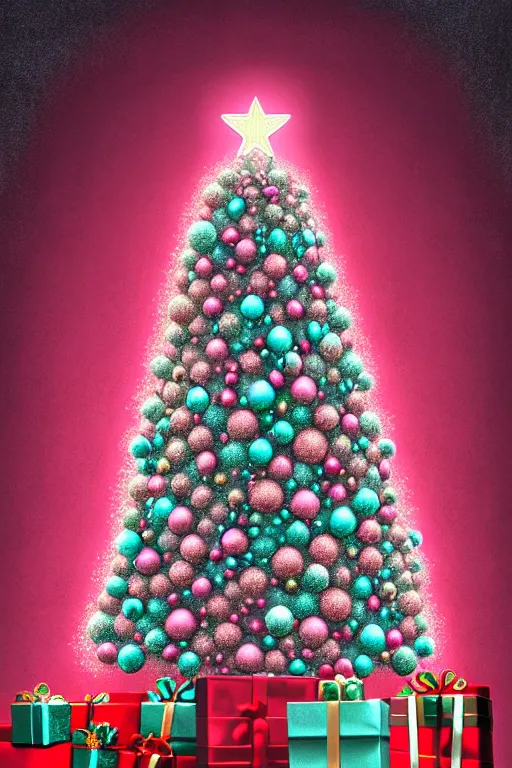 Image similar to illustration neo - rococo cinematic super expressive! scandi christmas tree with kitchen glitzy baubles, star, bird decorations, silver pink white red mood, highly detailed digital art masterpiece, smooth etienne sandorfi eric zener dramatic pearlescent soft teal light, ground angle hd 8 k, sharp focus