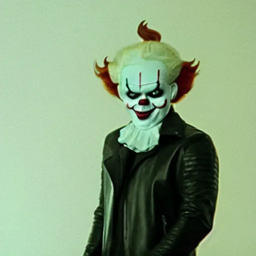 Prompt: blurry film grain still of a man wearing a leather jacket and white shirt wearing a latex pennywise mask