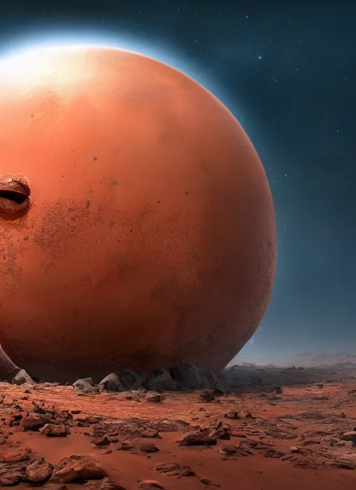 Prompt: earth with a face eating mars, au naturel, hyper detailed, digital art, trending in artstation, cinematic lighting, studio quality, smooth render, unreal engine 5 rendered, octane rendered, art style by pixar warner bros and disney.