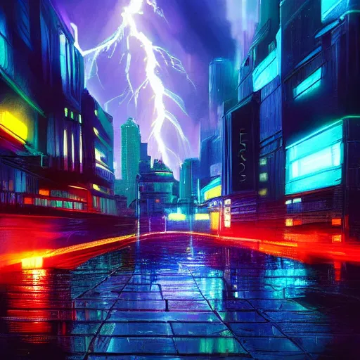 Prompt: cityscape during a lightning storm, colorful, futuristic, 8k, dramatic lighting, realistic, professional, concept art, artstation hd, trending on social media,