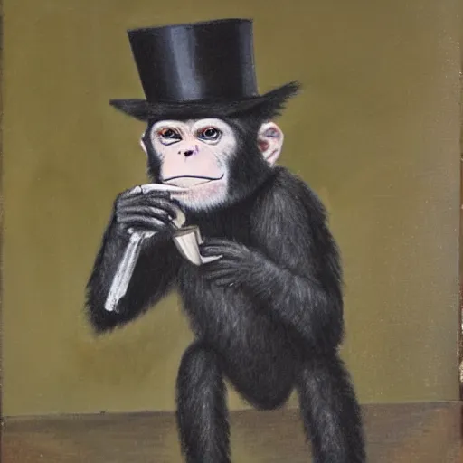 Prompt: a monkey wearing a monocle and a top hat drinking tea, brush strokes, oil painting