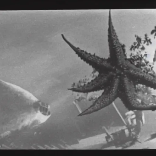 Image similar to rare vintage footage of a giant Kaiju Starfish monster, overshadowing Kim Jong-il, shin sang-ok and Choi Eun-hee escaping, obscured underexposed view