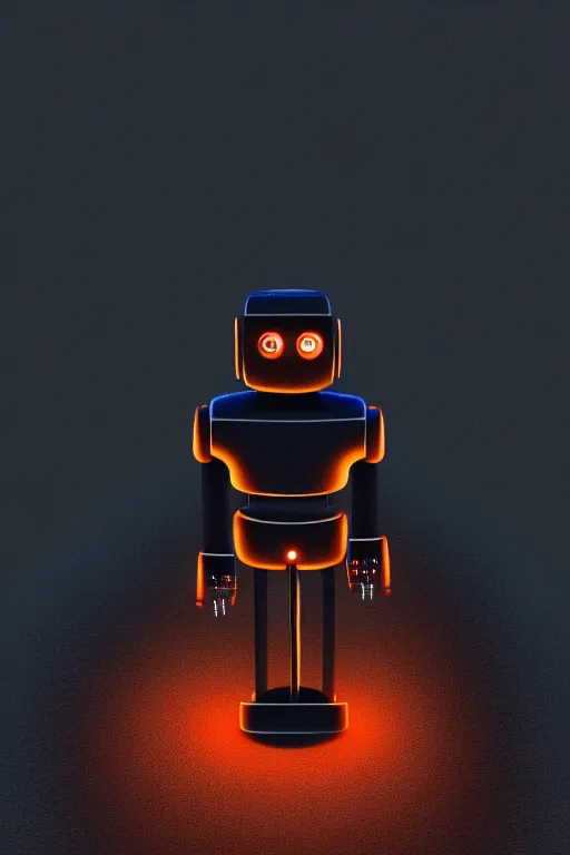 Image similar to a sad robot going for a walk in the park, Mads Berg, Karolis Strautniekas, film noir, stippled light, dramatic lighting,editorial illustration, detailed,fine texture, matte print, art deco, dark blue + dark orange, red, black,octane render, unreal engine, redshift render, 3D