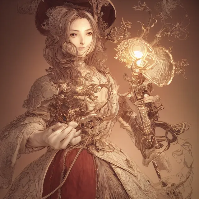 Prompt: the portrait of neutral good female cleric bard as absurdly beautiful, gorgeous, elegant, sophisticated happy woman, an ultrafine hyperdetailed illustration by kim jung gi, irakli nadar, intricate linework, sharp focus, bright colors, octopath traveler, final fantasy, unreal engine 5 highly rendered, global illumination, radiant light, detailed and intricate environment