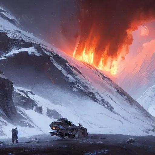 Image similar to a crashed starship burning in a blizzardy mountain scenery, Matte painting , detailed painting, greg rutkowski