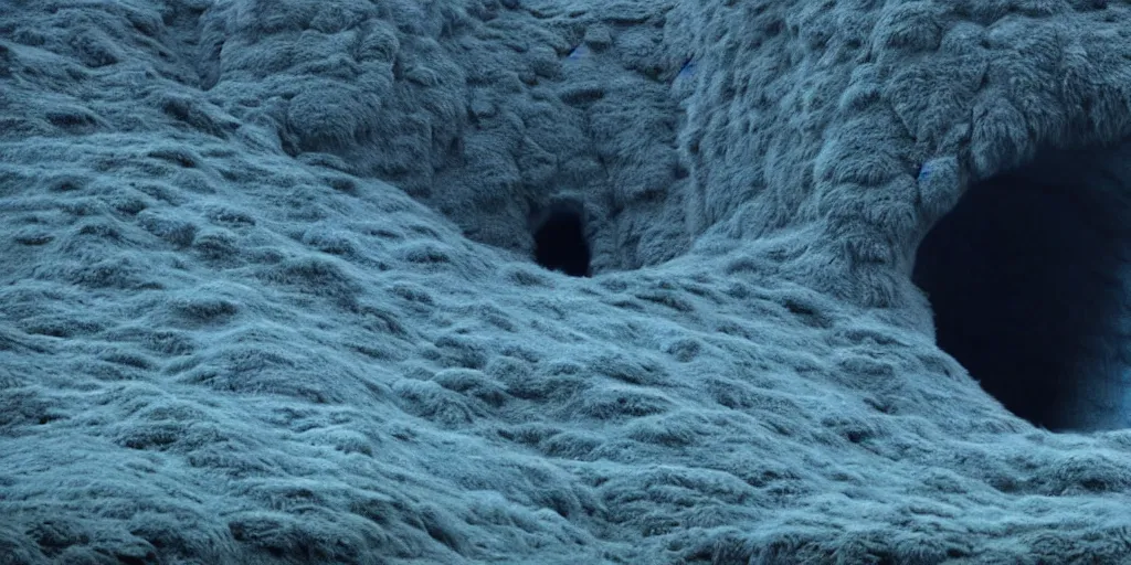 Image similar to a strange huge translucent pvc inflated organic architecture building with blue fluffy fur inside by anish kapoor sits in the rock mountains, film still from the movie directed by denis villeneuve with art direction by zdzisław beksinski, close up, telephoto lens, shallow depth of field