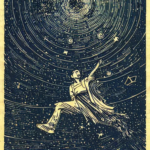 Image similar to Woodcut portrait of me falling into the stars by greg rutkowski, 4k, intricate details