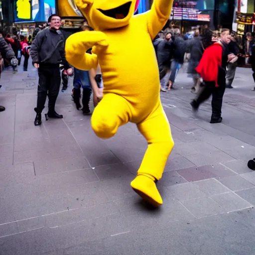 Image similar to An award winning photo, of a Teletubby, in the act of brutally curb stomping a man dressed in a Nazi uniform, in Time Square, NYC. 85mm lens, f1.8.