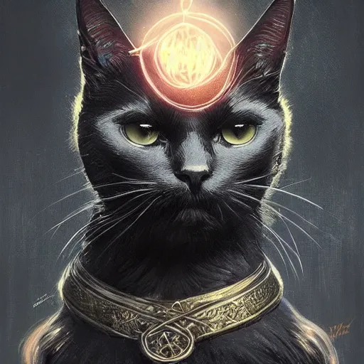 Prompt: Portrait of a black cat wizard, magic, fantasy, magical, intricate, cinematic lighting, highly detailed, digital painting, artstation, concept art, smooth, sharp focus, illustration, art by Artgerm and Greg Rutkowski, Cgsociety