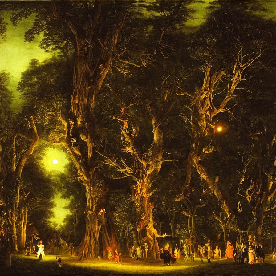 Image similar to a night carnival around a magical tree cavity, with a surreal orange moonlight and fireworks in the background, next to a lake with iridiscent water, christmas lights, folklore animals and people disguised as fantastic creatures in a magical forest by summer night, masterpiece painted by joseph wright, dark night environment