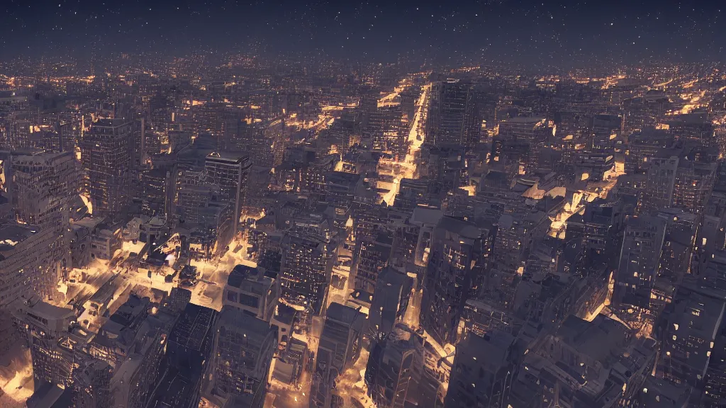 Image similar to view of a city from the top of a building at night, glowing stars, shooting star, dramatic lighting, 8k uhd, award winning, octane render, unreal engine