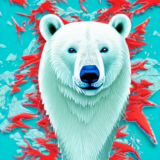 Prompt: blue paper + an intricate polar bear depiction + elaborate red illustration, very detailed, deviantart, 8 k vertical wallpaper, tropical, colorful, airy, anime illustration, anime nature