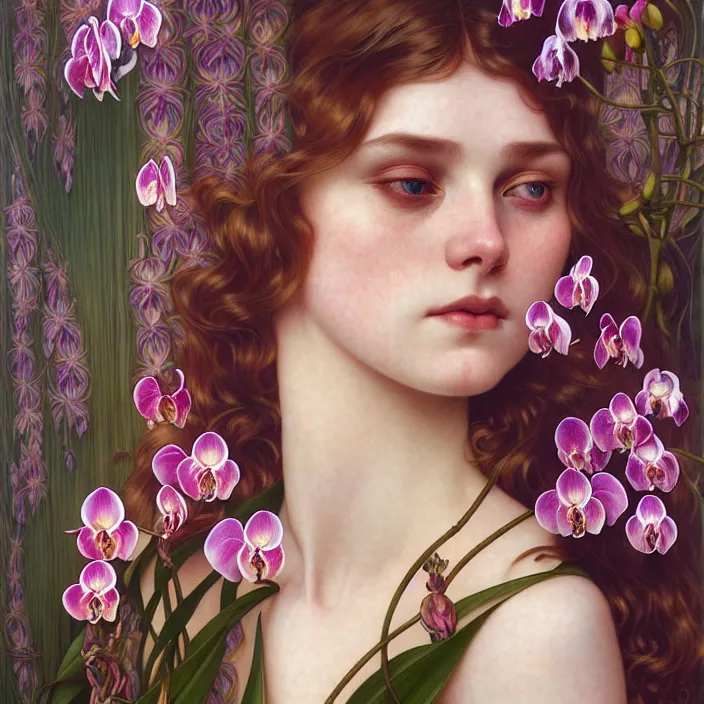 Image similar to psychedelic portrait of girl surrounded by orchids, diffuse lighting, fantasy, intricate, elegant, highly detailed, lifelike, photorealistic, digital painting, artstation, illustration, concept art, smooth, sharp focus, art by John Collier and Albert Aublet and Krenz Cushart and Artem Demura and Alphonse Mucha