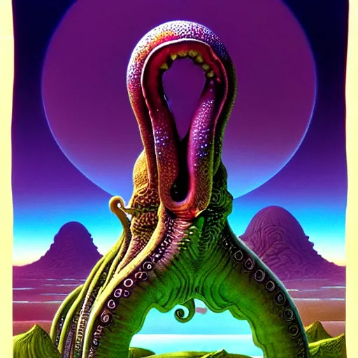 Image similar to highly detailed fantasy art of an alien cephalopod creature in a surreal landscape filled with mountains and mist, diffuse lighting by roger dean, kilian eng, mœbius