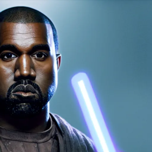 Image similar to Portrait of Kanye West as a jedi in Star Wars, holding lightsabre. splash art, cinematic lighting, dramatic, octane render, long lens, shallow depth of field, bokeh, anamorphic lens flare, 8k, hyper detailed, 35mm film grain