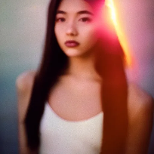 Image similar to professional studio portrait of a beautiful young woman, lens flare, glow filter, 5 0 mm f 1. 4 fuji 4 0 0 h