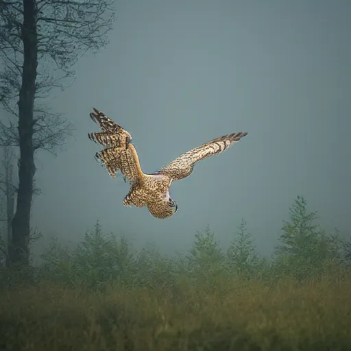 Prompt: owl flying at night through fog in the forest lit by the full moon