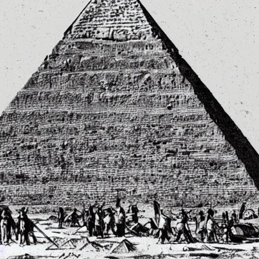 Prompt: an old journal page with a rich illustration of aliens building the Great Pyramid of Giza