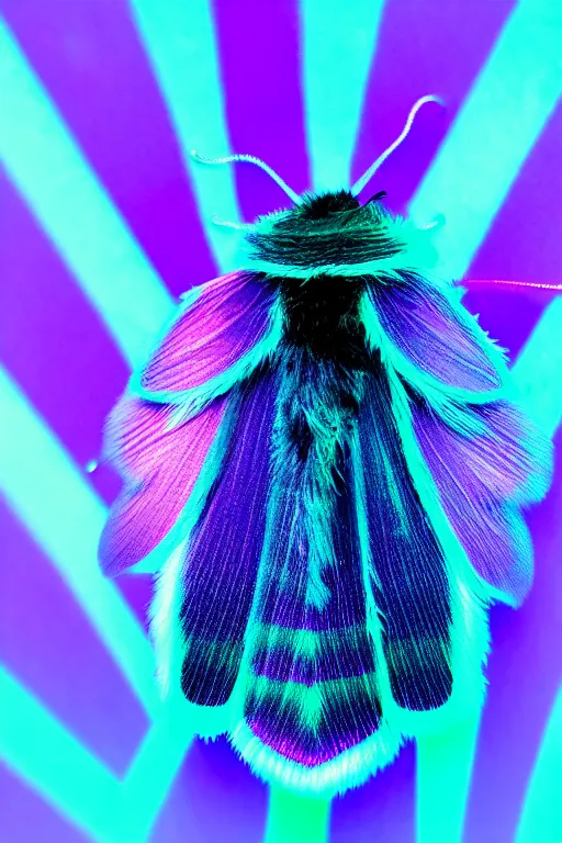 Image similar to high quality macro photo pearlescent furry moth! jeweled gorgeous! highly detailed david ligare elson peter cinematic purple neon lighting high quality low angle hd 8k sharp shallow depth of field