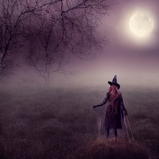 Prompt: a realistic witch standing in the middle of a dark field, trees around the edges of the field, an abandoned house behind her, beautiful moonlight, hyper realistic, fog surrounds her, fairy lights and stars