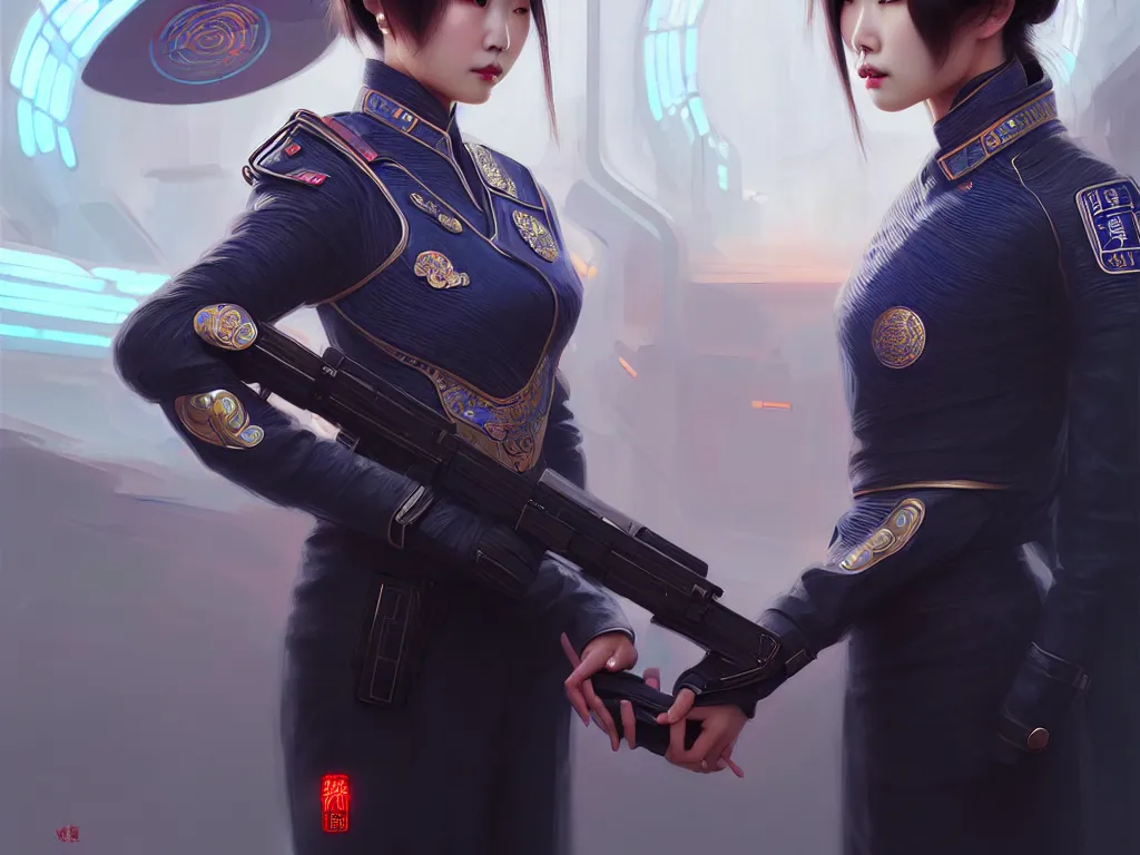 Image similar to portrait futuristic china police uniform female, at future neon light rooftop, ssci - fi and fantasy, intricate and very very beautiful and elegant, highly detailed, digital painting, artstation, concept art, smooth and sharp focus, illustration, art by tan zi and ayanamikodon and alphonse mucha and wlop