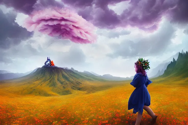 Image similar to giant dahlia flower crown under head, girl walking on mountain, surreal photography, blue storm clouds, dramatic light, impressionist painting, digital painting, artstation, simon stalenhag