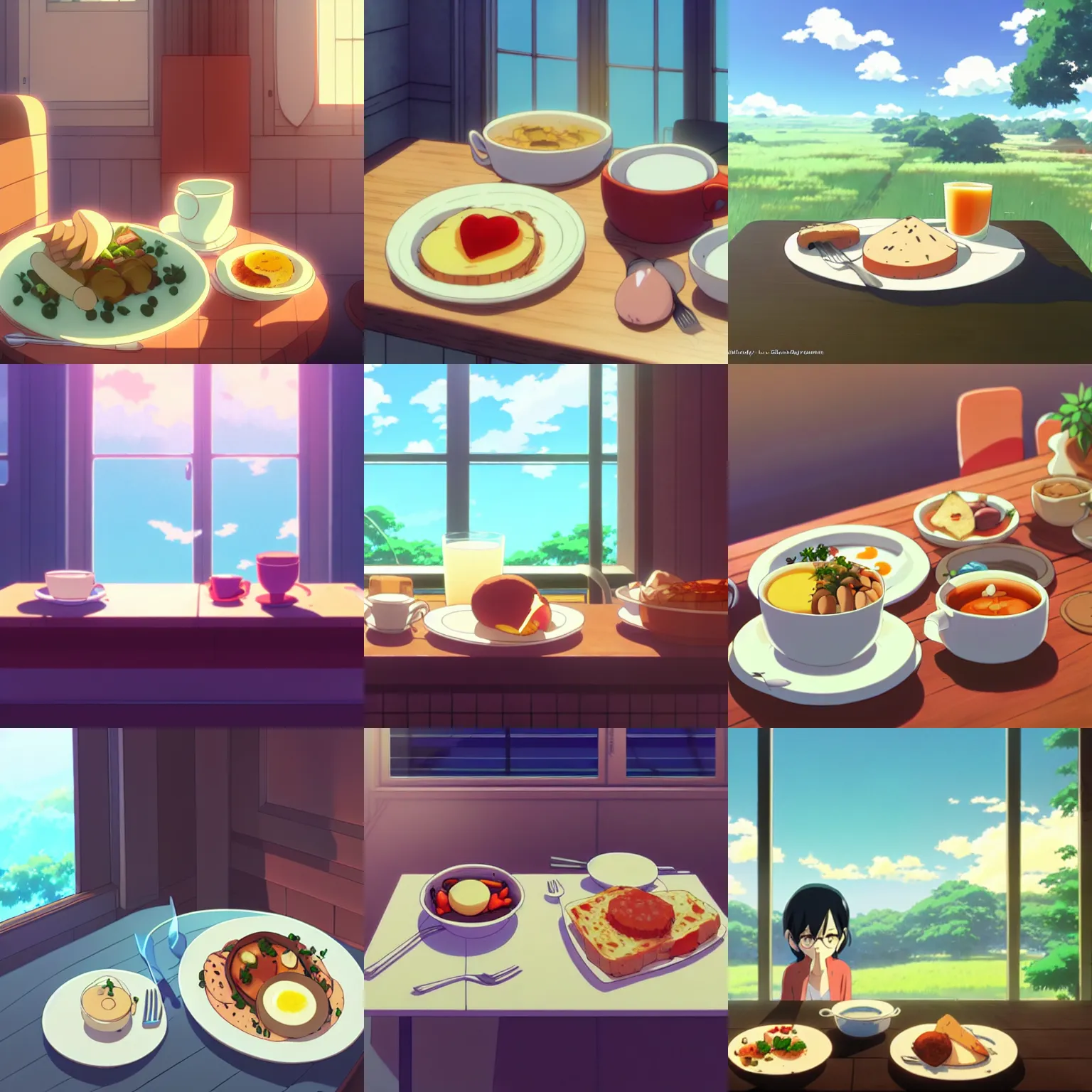 Prompt: hearty breakfast, no people, photo, digital art, illustrations, by makoto shinkai and studio ghibli