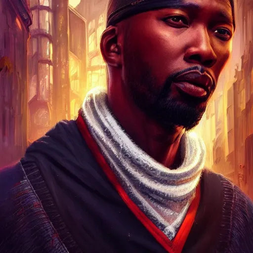 Prompt: a portrait of rza as a wizard, upper half portrait, urban motifs, intricate, elegant, highly detailed, digital painting, trending on artstation, concept art, smooth sharp focus, illustration, art by artgerm and greg rutkowski