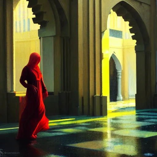 Image similar to action moment, detailed portrait of a woman, courtyard, capital, cyberpunk mosque interior, control panel, watcher, omniscient, tech noir, wet reflections, impressionism, atmospheric, ambient, speed painting, livia prima, edward hopper