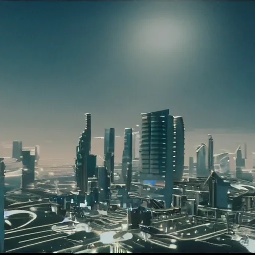 Image similar to Film still of a futuristic movie set in the year 2050. (Movie filmed in 1990). Scene of the utopia city. Sigma 55mm f/8