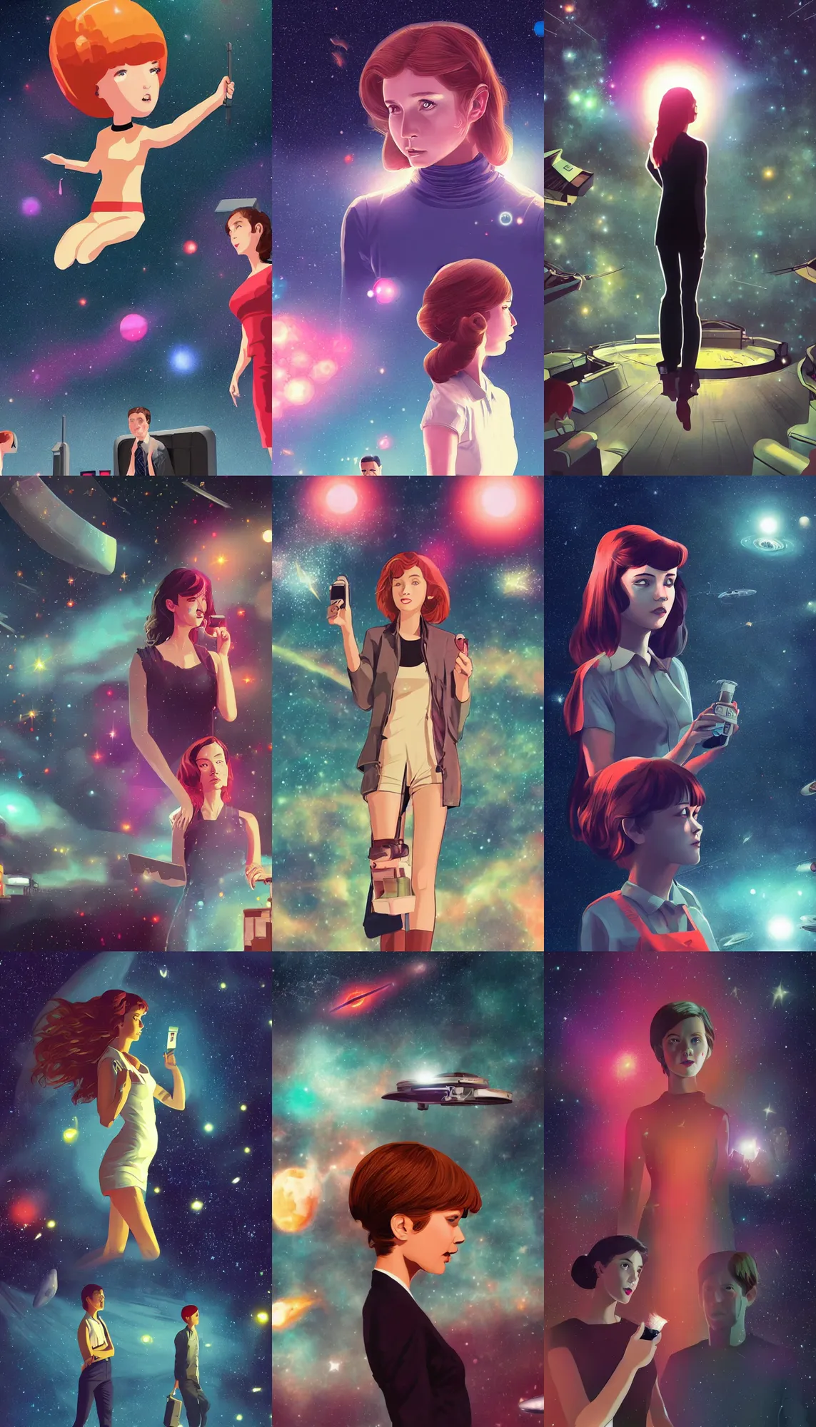 Prompt: girl telling news, stockexchange bar, in style of firefly movie, digital art by ilya kuvshinov and greg rutkovsky, intergalactic, space, stars and nebula, tv, bbc, 5 - channel, with anchor man and woman, cinematic
