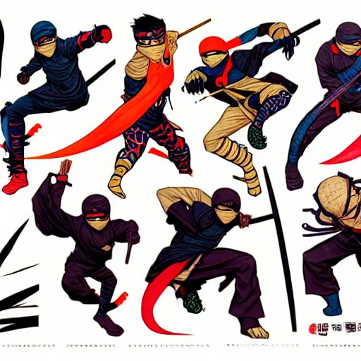 Prompt: concept art design illustration, ninja!!!, 1 6 colors, logo, ink drawing, art by jc leyendecker and sachin teng