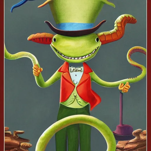 Image similar to snake man in top hat, children's book illustration, detailed, 4k