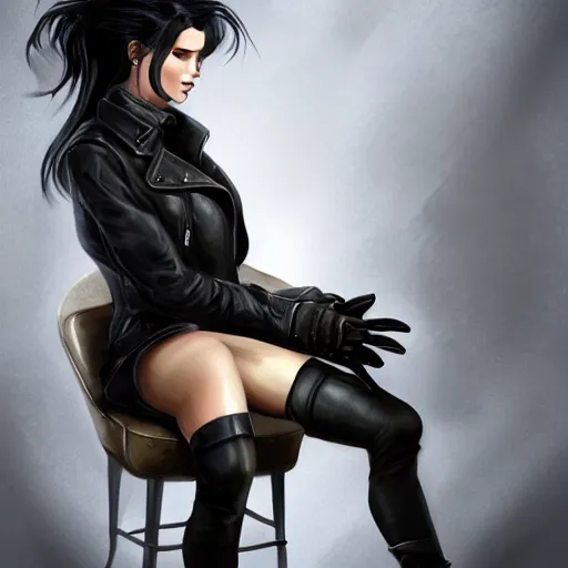 Image similar to a woman with black hair and a leather jacket and a grey shirt, sitting on a chair in a run down hotel room upset, muscular upper body, abs, gritty, d & d, fantasy, intricate, elegant, highly detailed, digital painting, artstation, smooth, sharp focus, illustration, unreal engine 5, face enhance, masterpiece