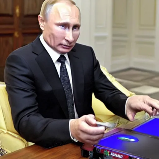 Image similar to putin playing with playstation 5