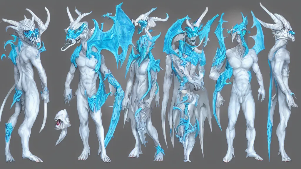 Image similar to a fantasy white and pale blue draconian demon with bright eyes character design sheet, trending on artstation