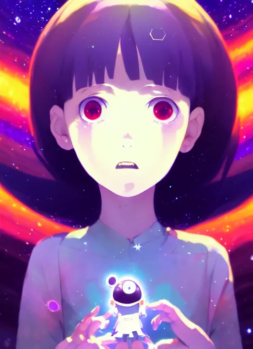 Image similar to portrait of a very cute girl with big eyes big smile, very psychedelic space background illustration concept art anime key visual trending pixiv fanbox by wlop and greg rutkowski and makoto shinkai and studio ghibli and kyoto animation