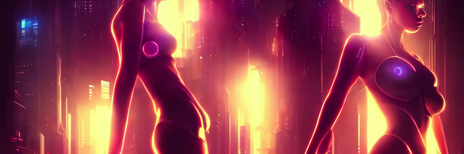 Image similar to backlit portrait of one female humanoid in a cyberpunk cityscape, half body cropping, elegant glamor pose, accurate anatomy, cyber led neon lighting, bokeh, rule of thirds, hyper photorealistic, crispy quality, digital photography, art by pascal blanche, art by artgerm, art by greg rutkowski,