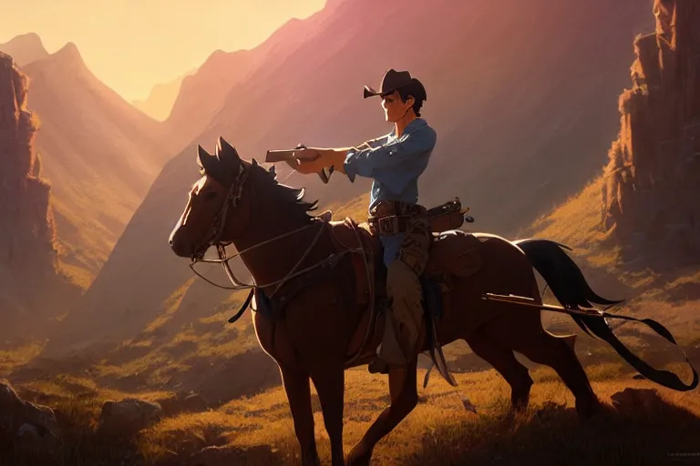 Prompt: old pedro pascal as a cowboy with a beautiful rifle, single subject, mountaineous background, scenic full shot, ambient lighting, detailed face, by makoto shinkai, stanley artgerm lau, wlop, rossdraws