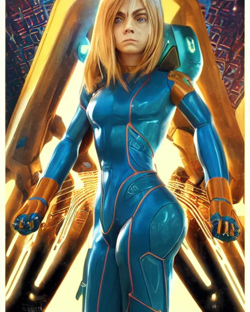 Image similar to Symmetric movie poster of Cara delevingne as Samus Aran , Marviel Style cover art, ultra wide lens shot,cinematic lighting, beautiful,art by Artgerm and Greg Rutkowski and Alphonse Mucha