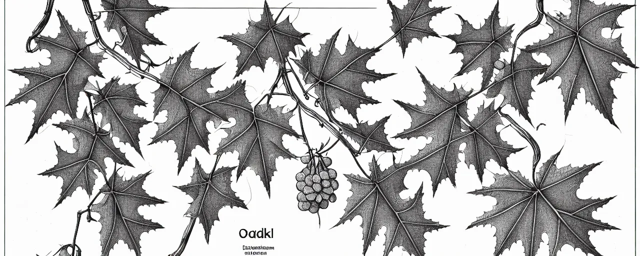 Prompt: a full page schematic diagram illustration of a vine branch with oak leaves and acorns instead of grapes, ultra detailed, 4 k, intricate, encyclopedia illustration, fine inking lines