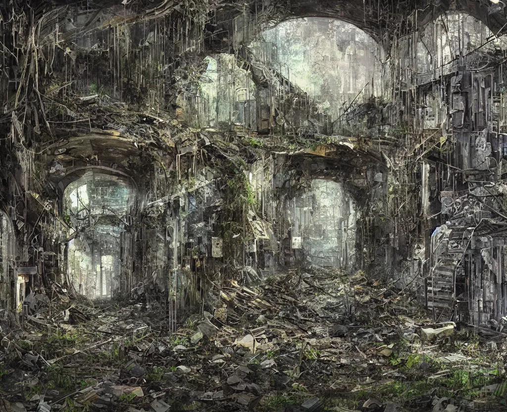 Image similar to a Dystopian painting of the abandoned and overgrown tunnels of an post-apocalyptic arcology