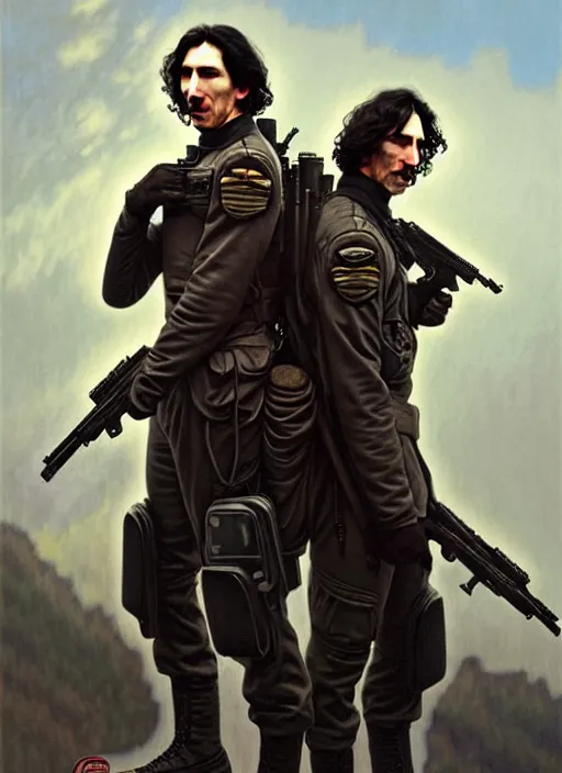 Image similar to a portrait of john oliver and adam driver posing together back to back, stoic, military uniform, fantasy, centered, dark background, smokey atmosphere, foggy atmosphere, art by artgerm and greg rutkowski and alphonse mucha