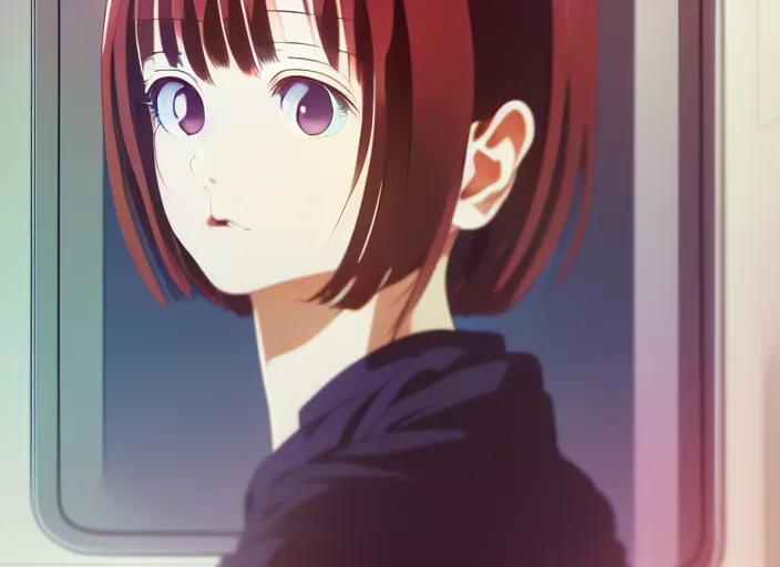 Image similar to anime visual, a young woman looking in a kitchen cabinet from a distance, cute face by ilya kuvshinov, yoshinari yoh, makoto shinkai, katsura masakazu, dynamic perspective pose, detailed facial features, kyoani, rounded eyes, crisp and sharp, cel shad, anime poster, ambient light,