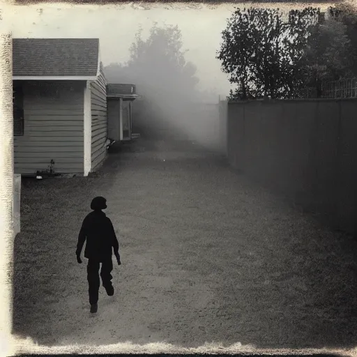 Prompt: 'it just keepings going on and keeps fading away, my thoughts turn into smoke in the air.', an image of a crow walking home from school through the backyards of neighbors.