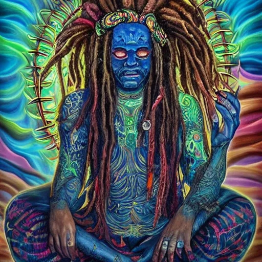 Prompt: a hyper-detailed painting with high details and textures of a psychedelic demon with dreadlocks horns and several eyes, he is in a meditation position and has an open third eye and mystical spiritual powers