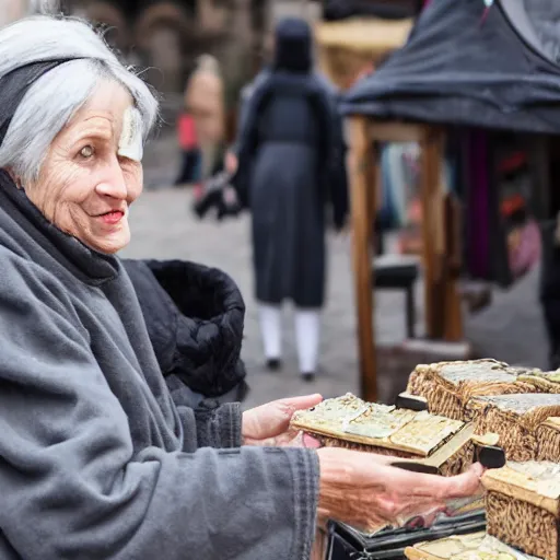 Prompt: an older lady with gray hair selling black boxes at a medieval market stall