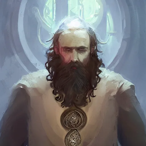 Prompt: A portrait of a cleric of Cthulu with short dark hair and a trimmed beard, he wears a cubic sandstone pendant around his neck, as dark magic emanates from his pendant tentacles spur from the water, digital art by Ruan Jia